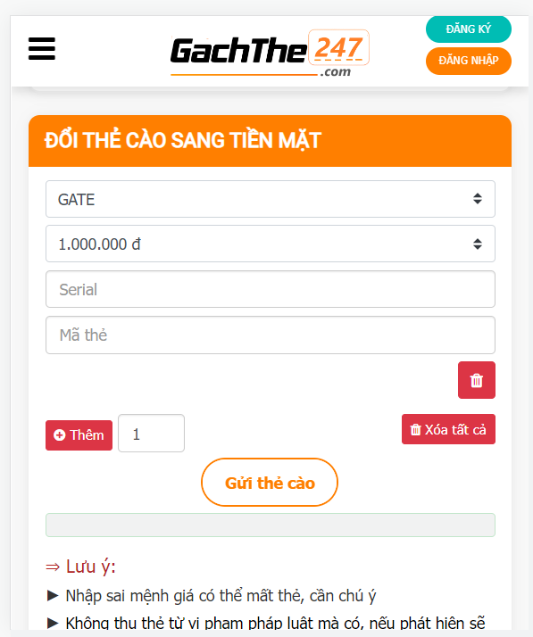 đổi thẻ gate thành tiền mặt